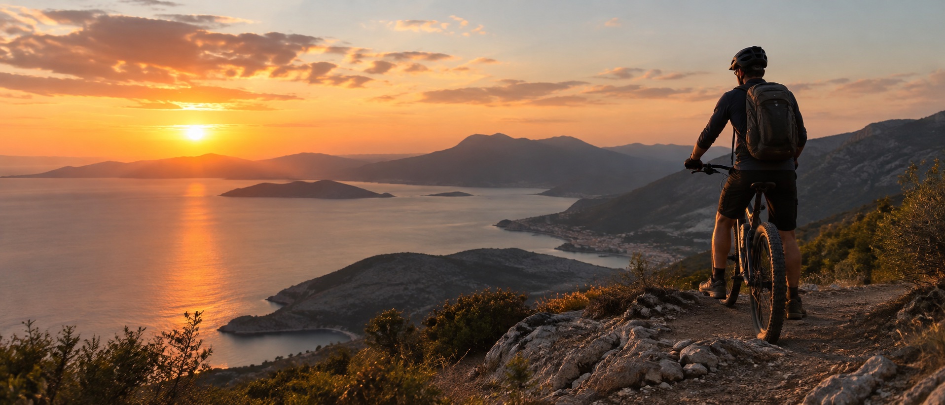A cyclist overlooking a bay at sunset