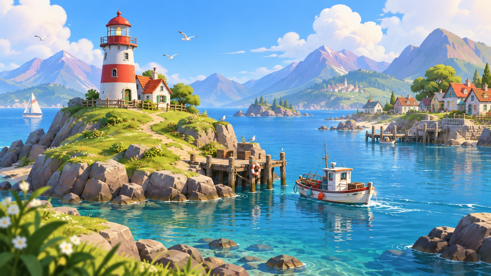 Illustrated sunny harbor with a lighthouse and fishing boat