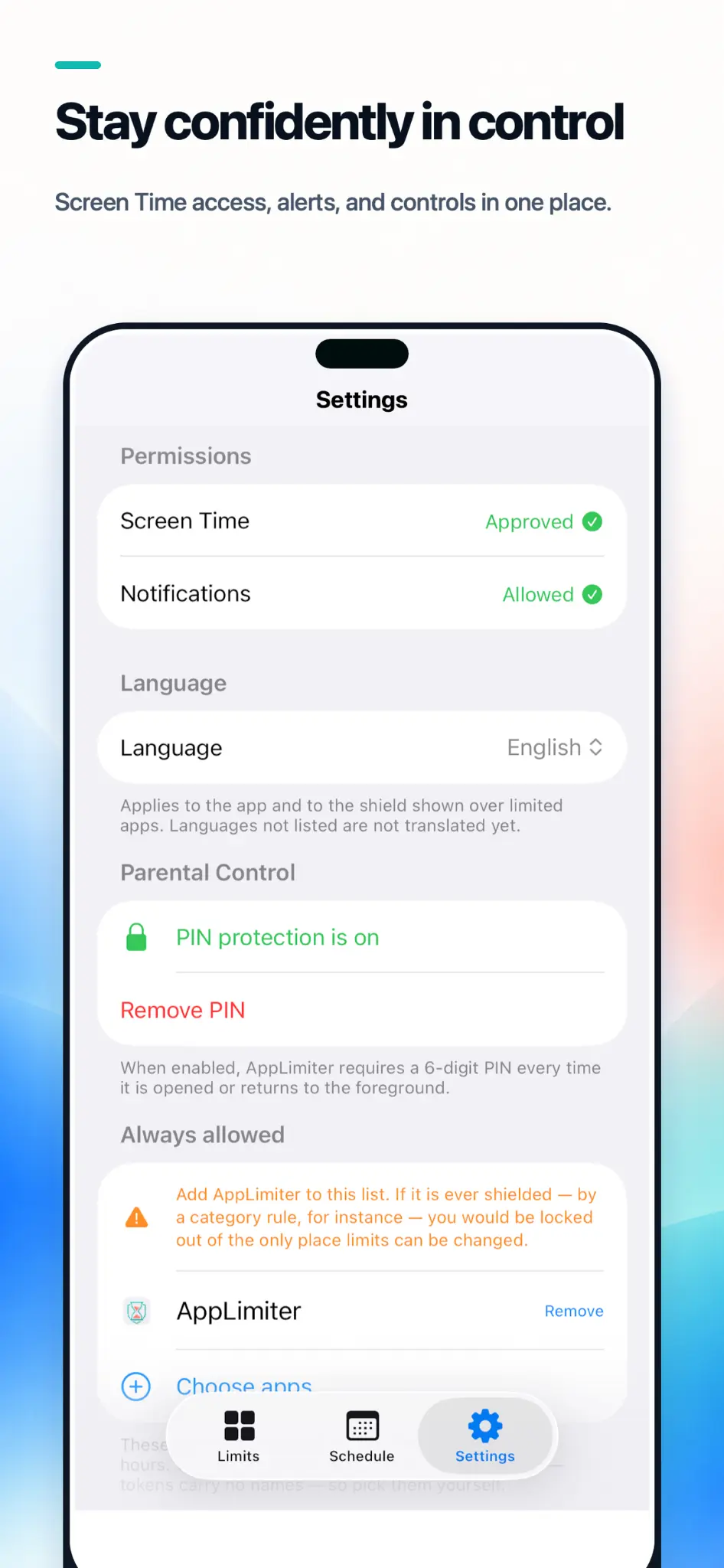 AppLimiter settings and permissions