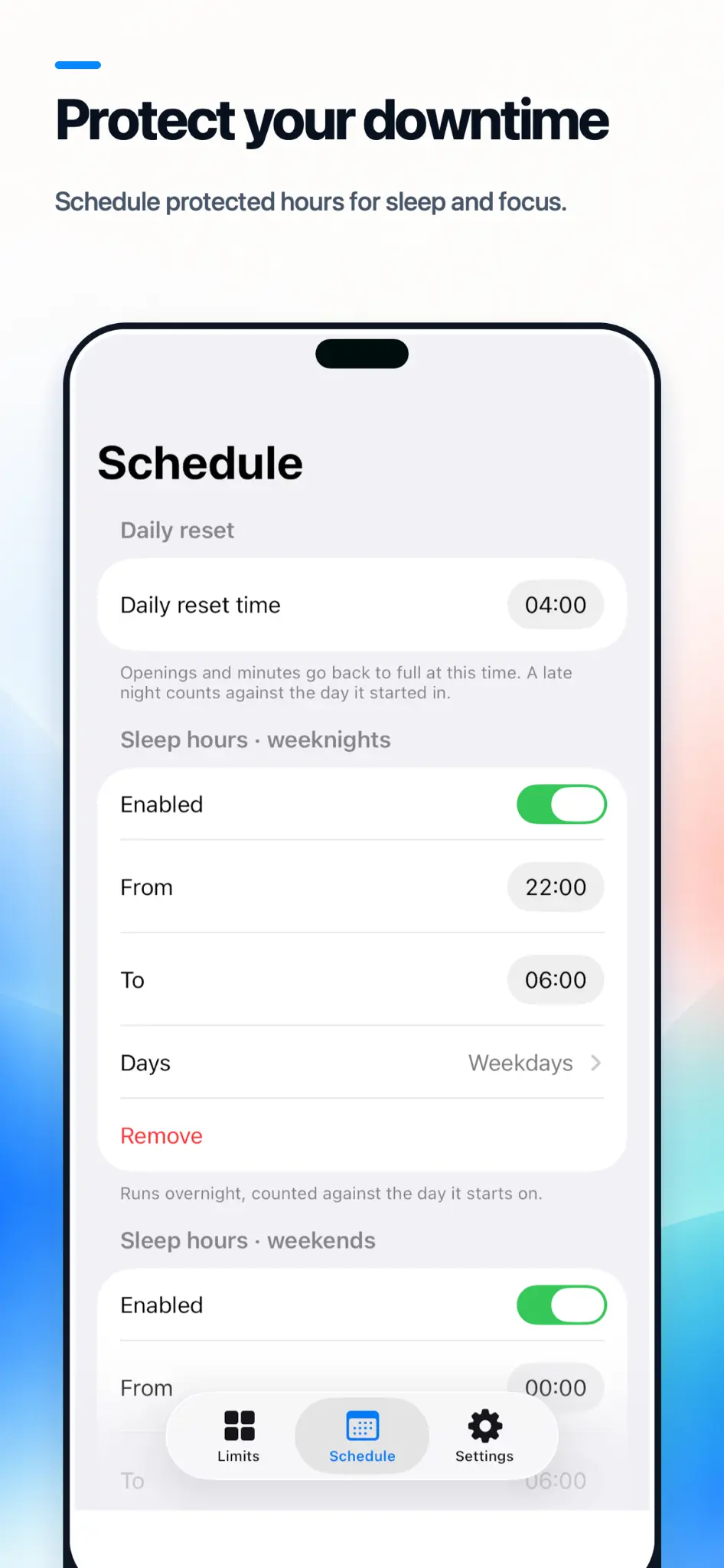 Protected hours schedule in AppLimiter
